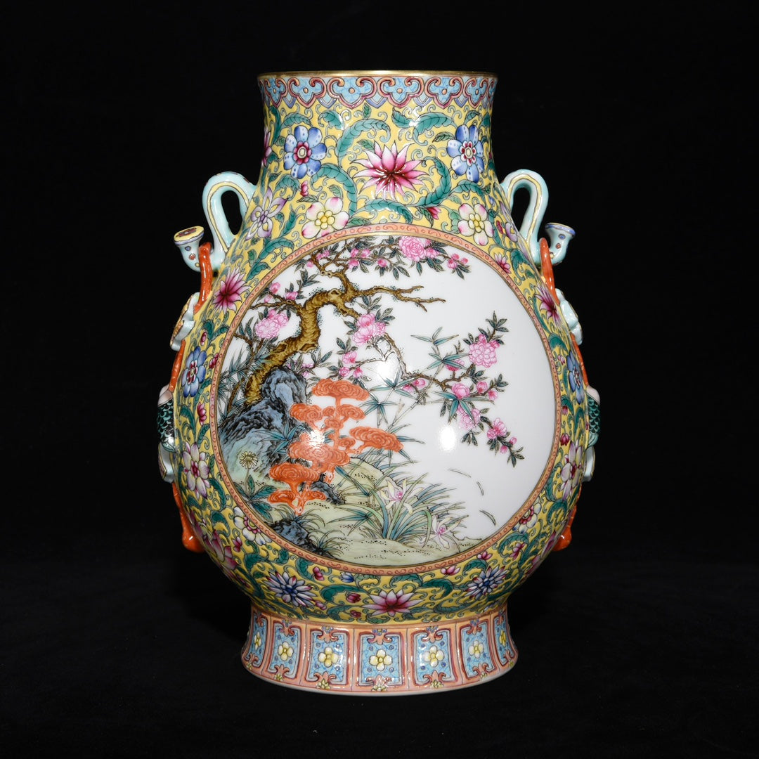 A1135 Chinese Qing Dynasty Gilt Edge Famille Rose Bird & Pomegranate & Peach Design Porcelain Vase