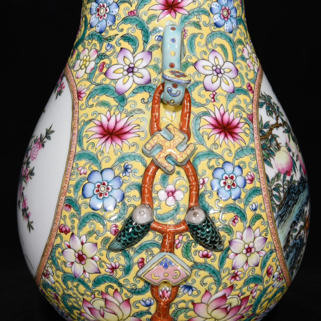 A1135 Chinese Qing Dynasty Gilt Edge Famille Rose Bird & Pomegranate & Peach Design Porcelain Vase