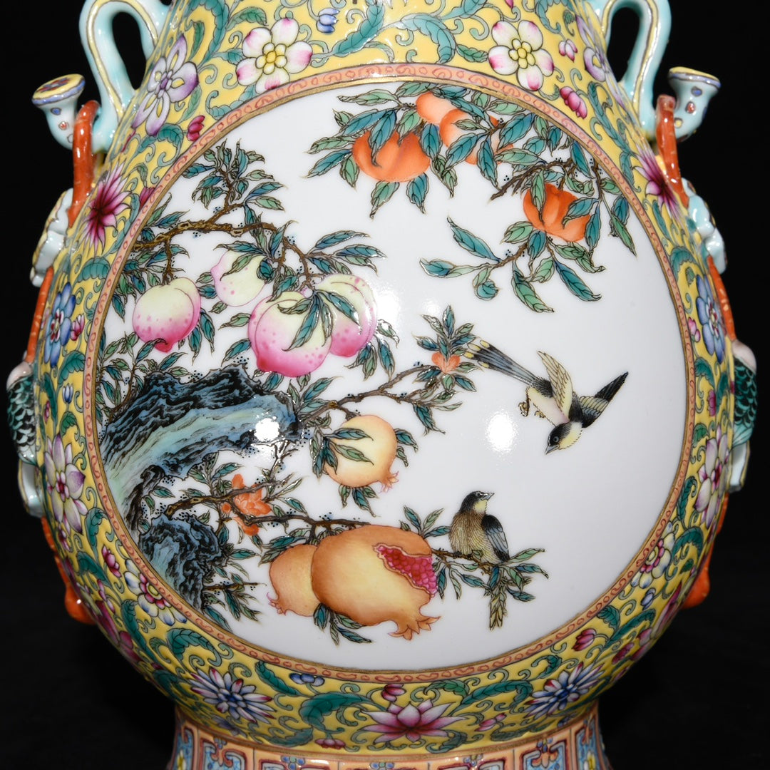 A1135 Chinese Qing Dynasty Gilt Edge Famille Rose Bird & Pomegranate & Peach Design Porcelain Vase