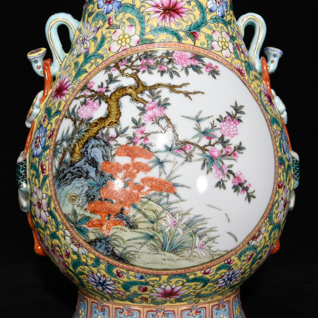 A1135 Chinese Qing Dynasty Gilt Edge Famille Rose Bird & Pomegranate & Peach Design Porcelain Vase
