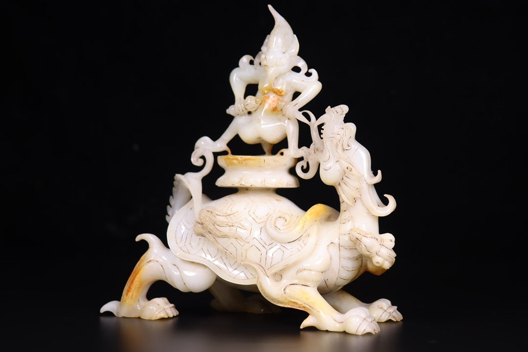A1147 Superb Old Chinese Hetian Jade Carved Divine Beast Statue
