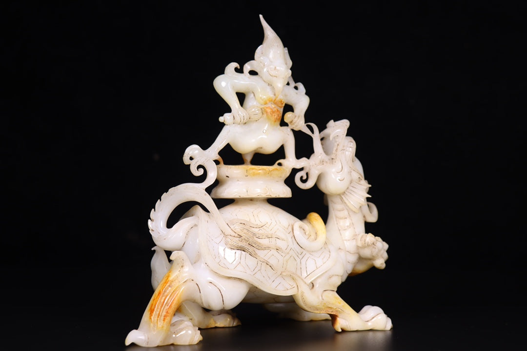 A1147 Superb Old Chinese Hetian Jade Carved Divine Beast Statue