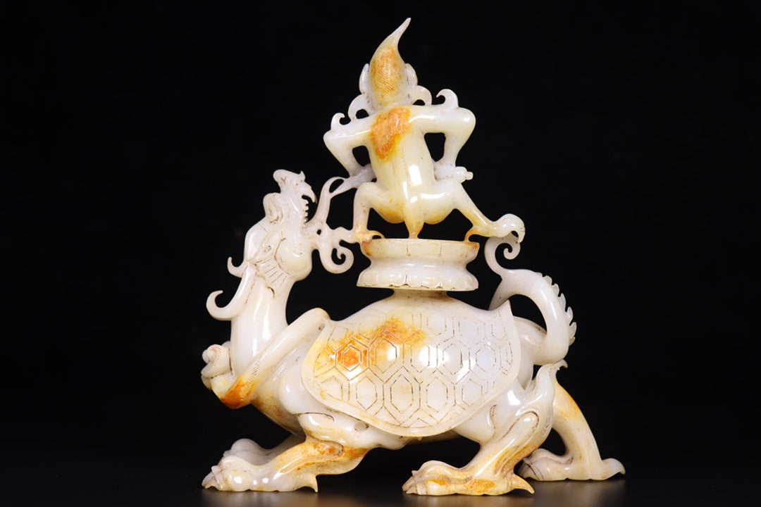 A1147 Superb Old Chinese Hetian Jade Carved Divine Beast Statue