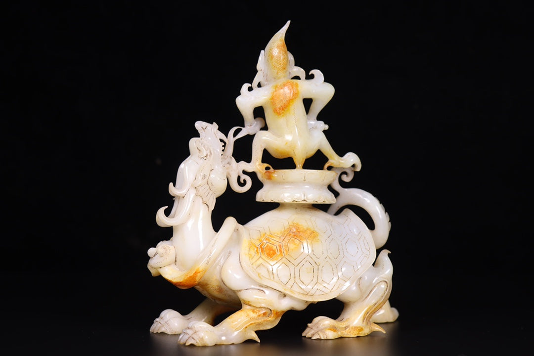 A1147 Superb Old Chinese Hetian Jade Carved Divine Beast Statue
