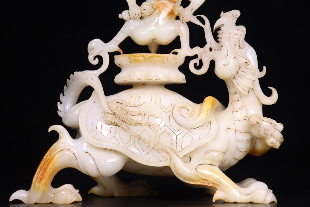 A1147 Superb Old Chinese Hetian Jade Carved Divine Beast Statue
