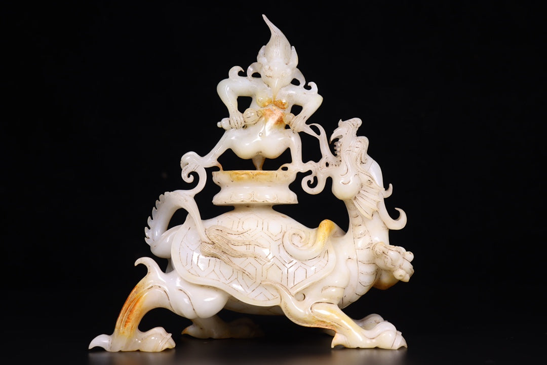 A1147 Superb Old Chinese Hetian Jade Carved Divine Beast Statue