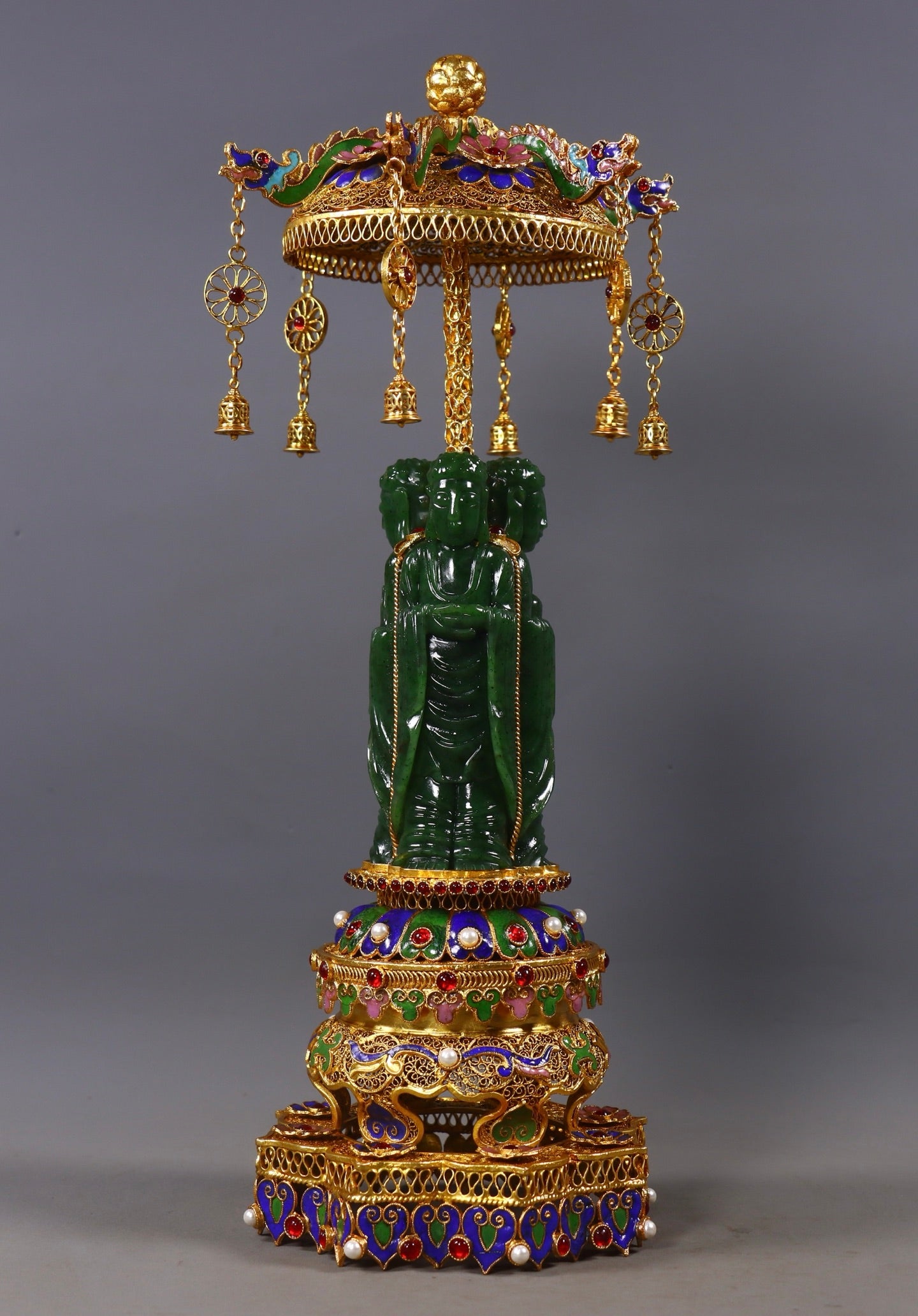 A1155 Exquisite Chinese Gold Wires Enamel Inlay Green Hetian Jade Three Buddha Statue