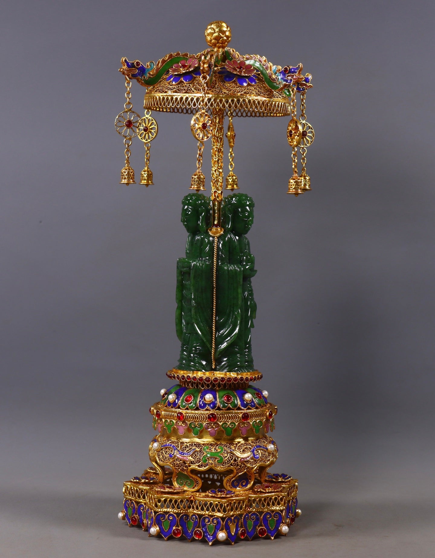 A1155 Exquisite Chinese Gold Wires Enamel Inlay Green Hetian Jade Three Buddha Statue