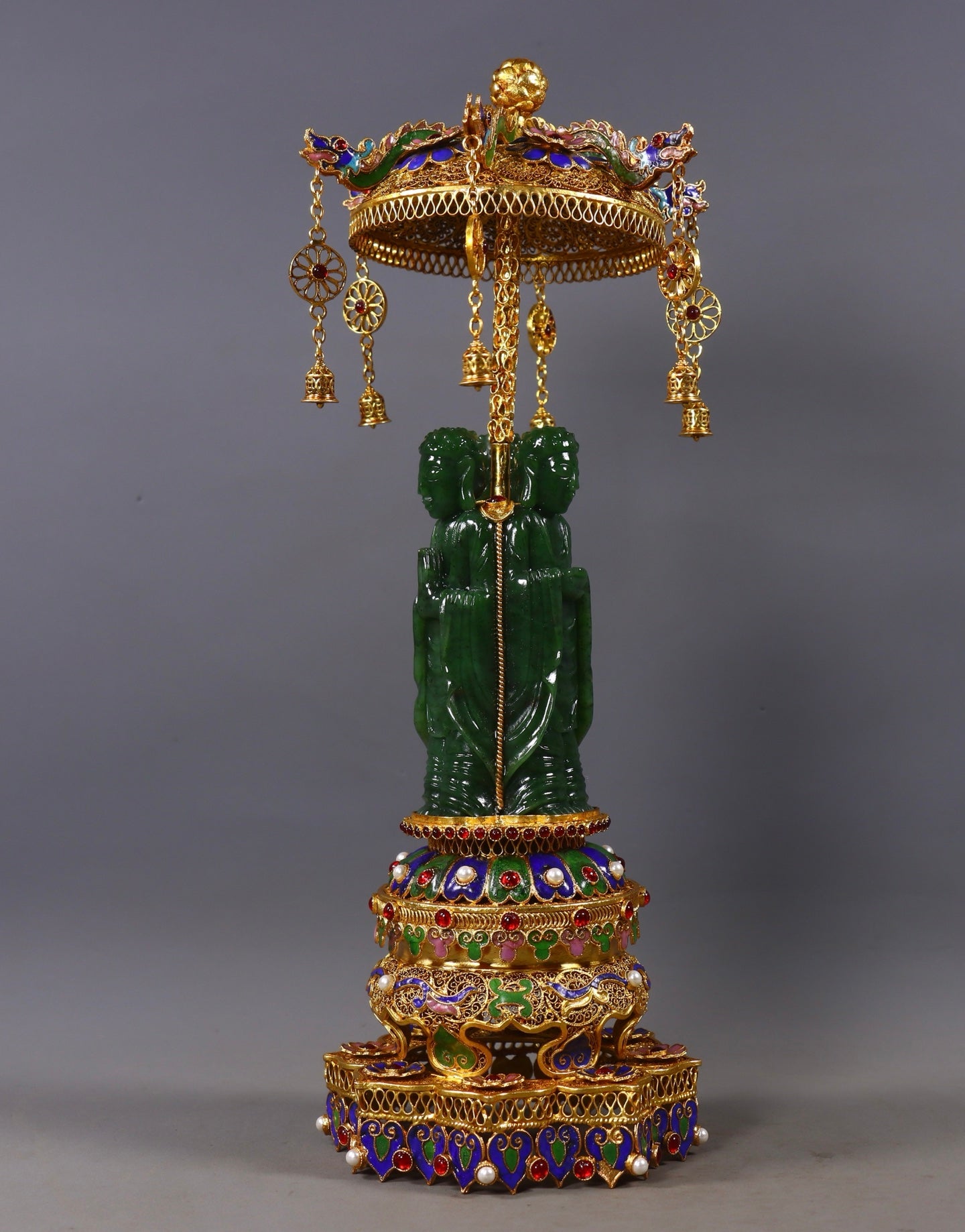 A1155 Exquisite Chinese Gold Wires Enamel Inlay Green Hetian Jade Three Buddha Statue