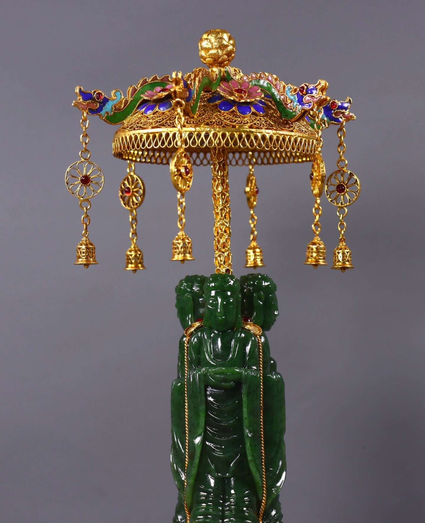 A1155 Exquisite Chinese Gold Wires Enamel Inlay Green Hetian Jade Three Buddha Statue