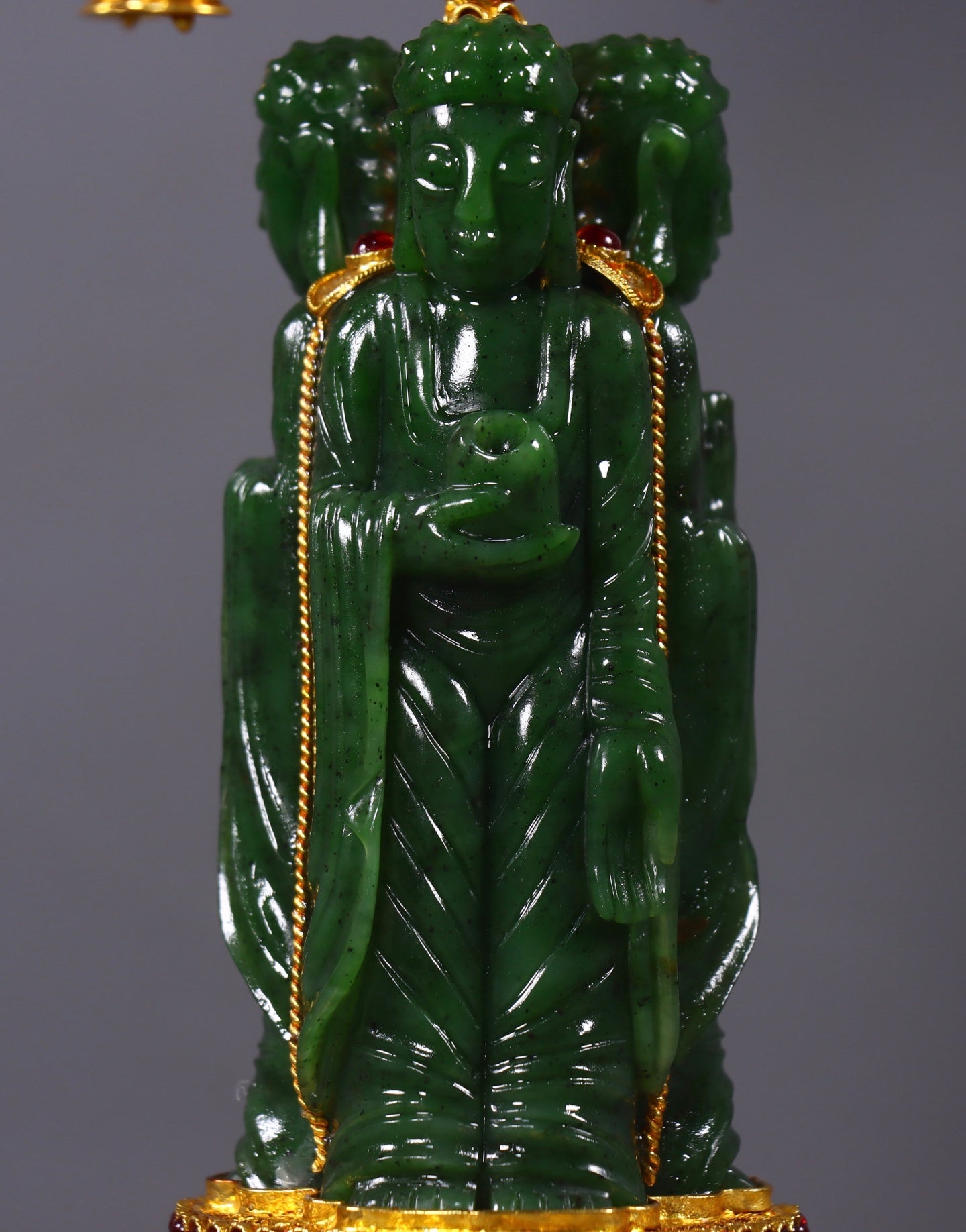A1155 Exquisite Chinese Gold Wires Enamel Inlay Green Hetian Jade Three Buddha Statue