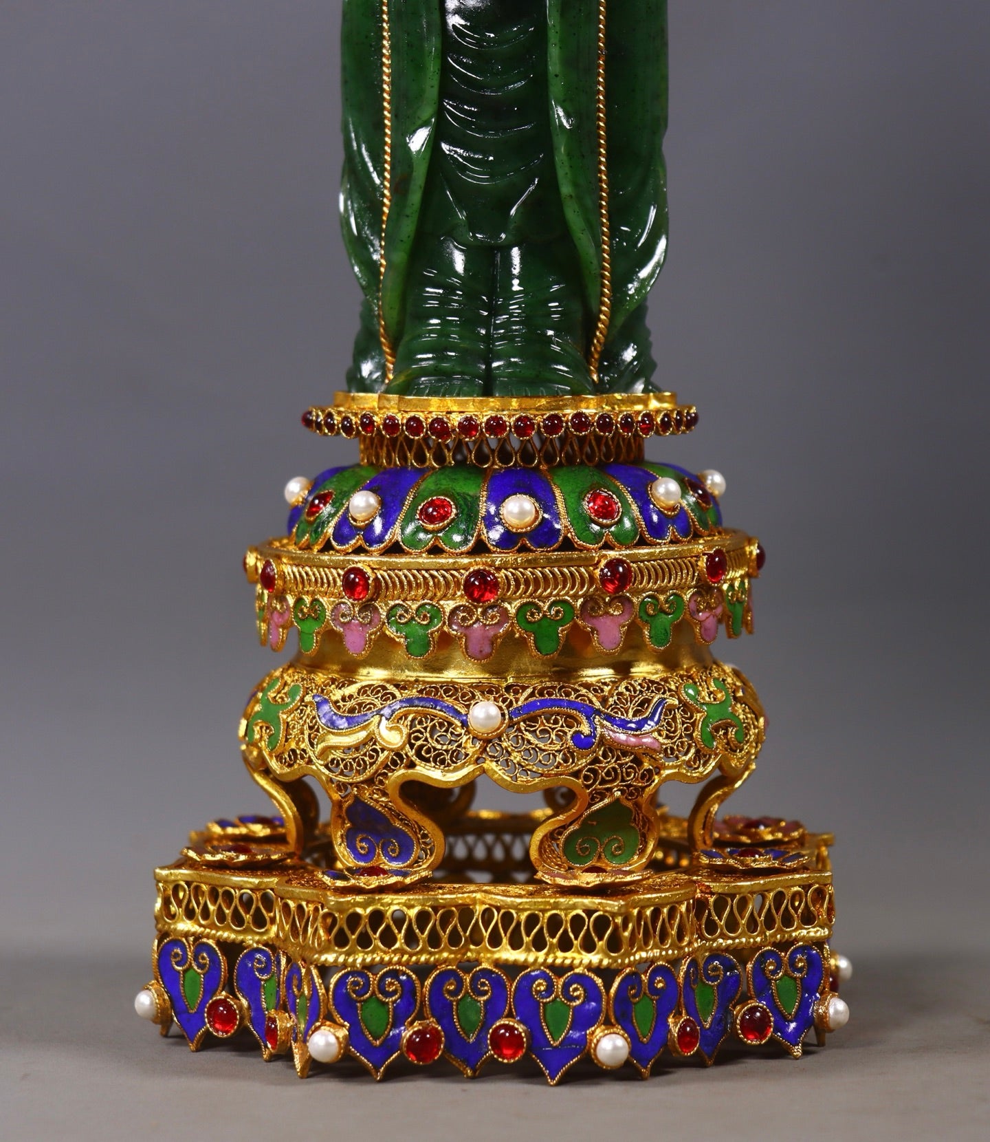 A1155 Exquisite Chinese Gold Wires Enamel Inlay Green Hetian Jade Three Buddha Statue