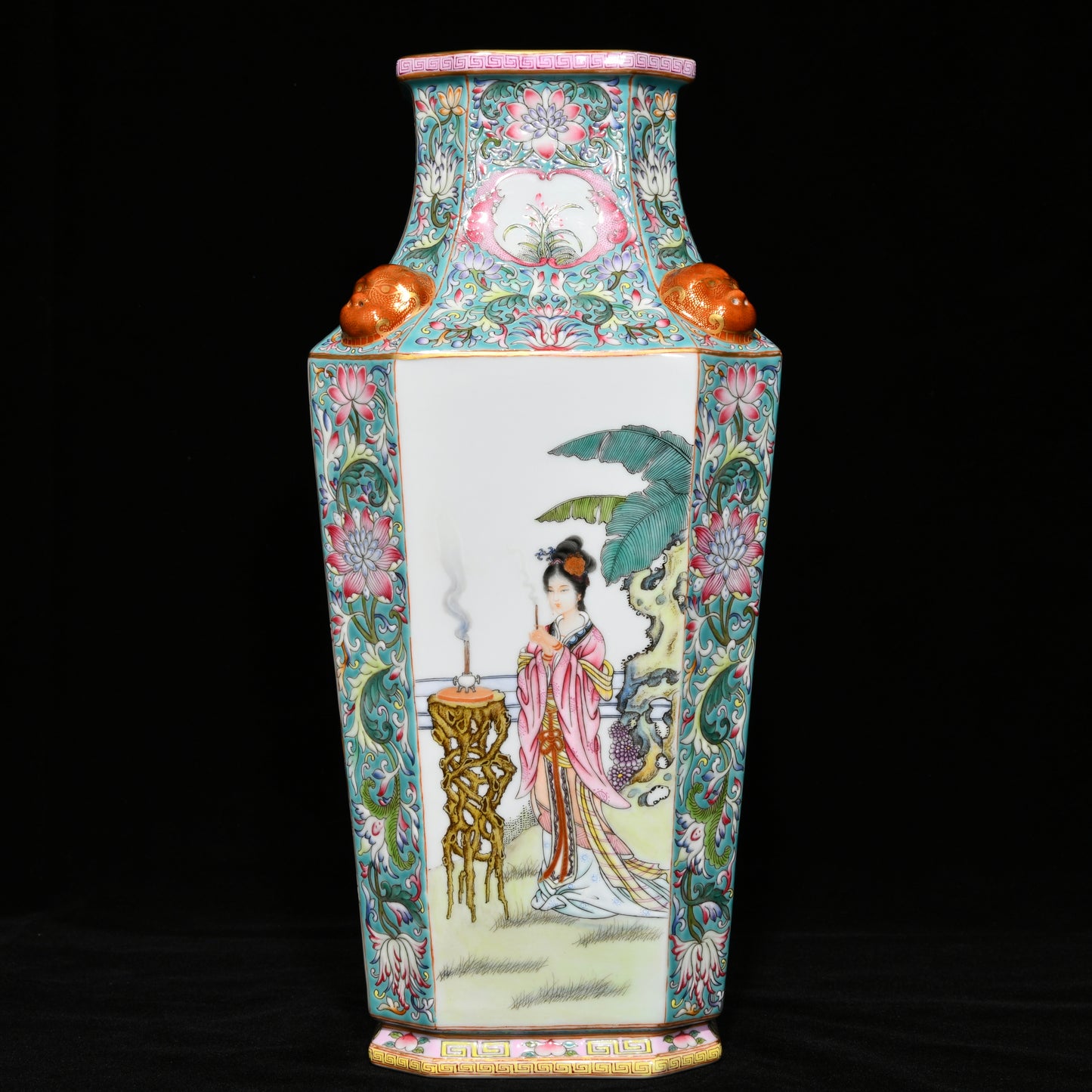 A1156 Chinese Qing Dynasty Gilt Edge Famille Rose Beautiful Woman Design Porcelain Vase