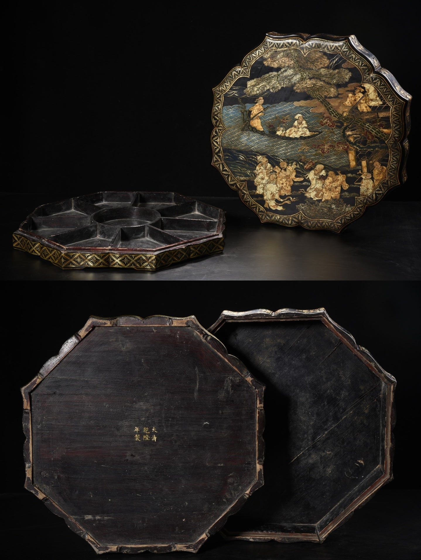 A1163 Chinese Gilt Gold Wooden-cored Lacquerware Eight Taoism Deity Jewellery Box