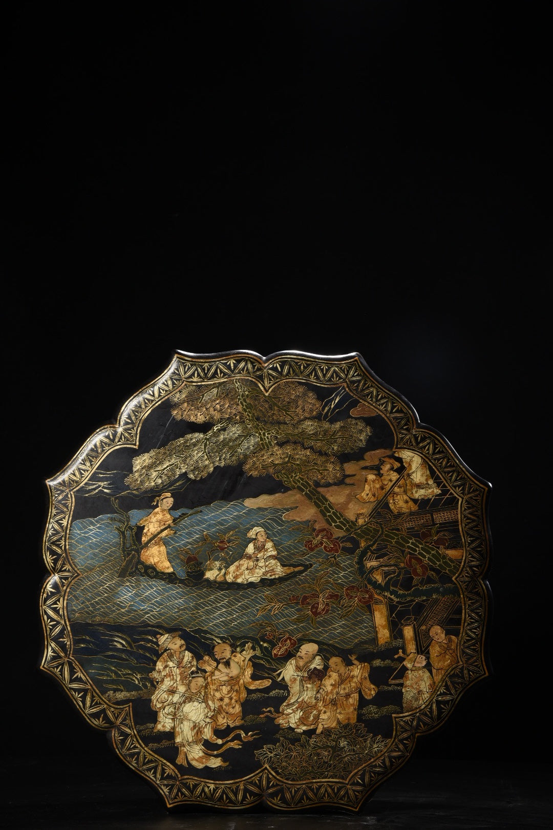 A1163 Chinese Gilt Gold Wooden-cored Lacquerware Eight Taoism Deity Jewellery Box