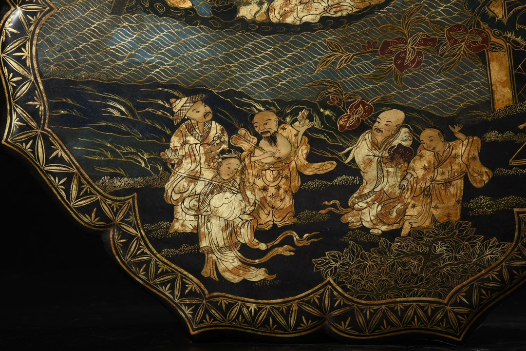 A1163 Chinese Gilt Gold Wooden-cored Lacquerware Eight Taoism Deity Jewellery Box