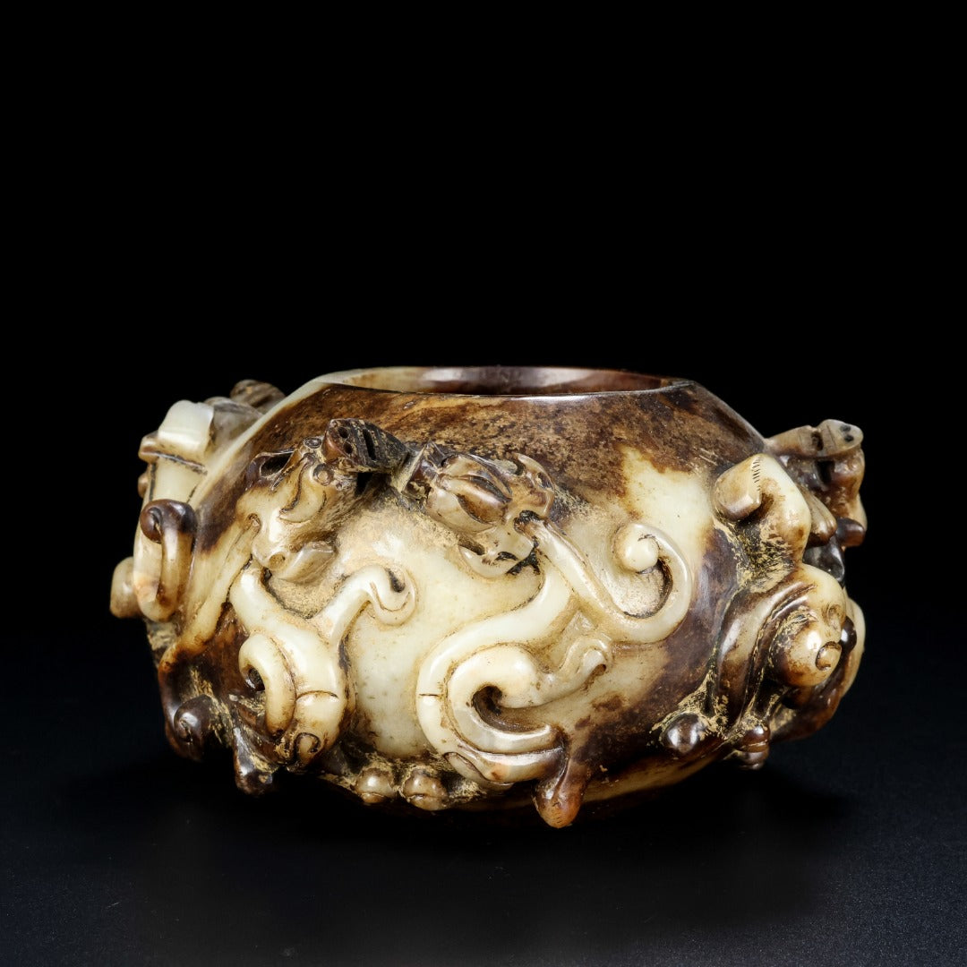 A1167 Vintage Chinese Hetian Jade High Relief Chi Dragon Pot