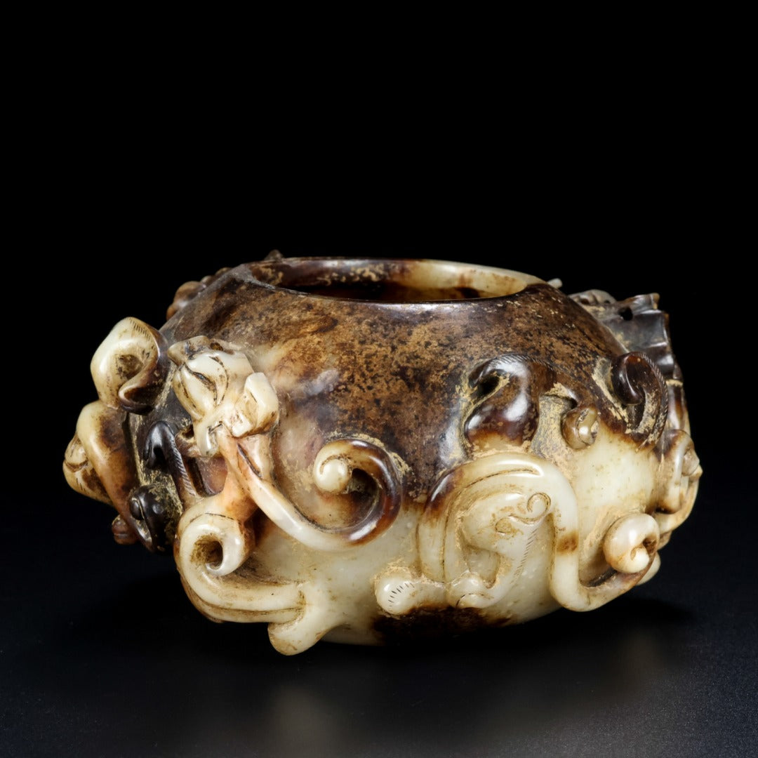 A1167 Vintage Chinese Hetian Jade High Relief Chi Dragon Pot