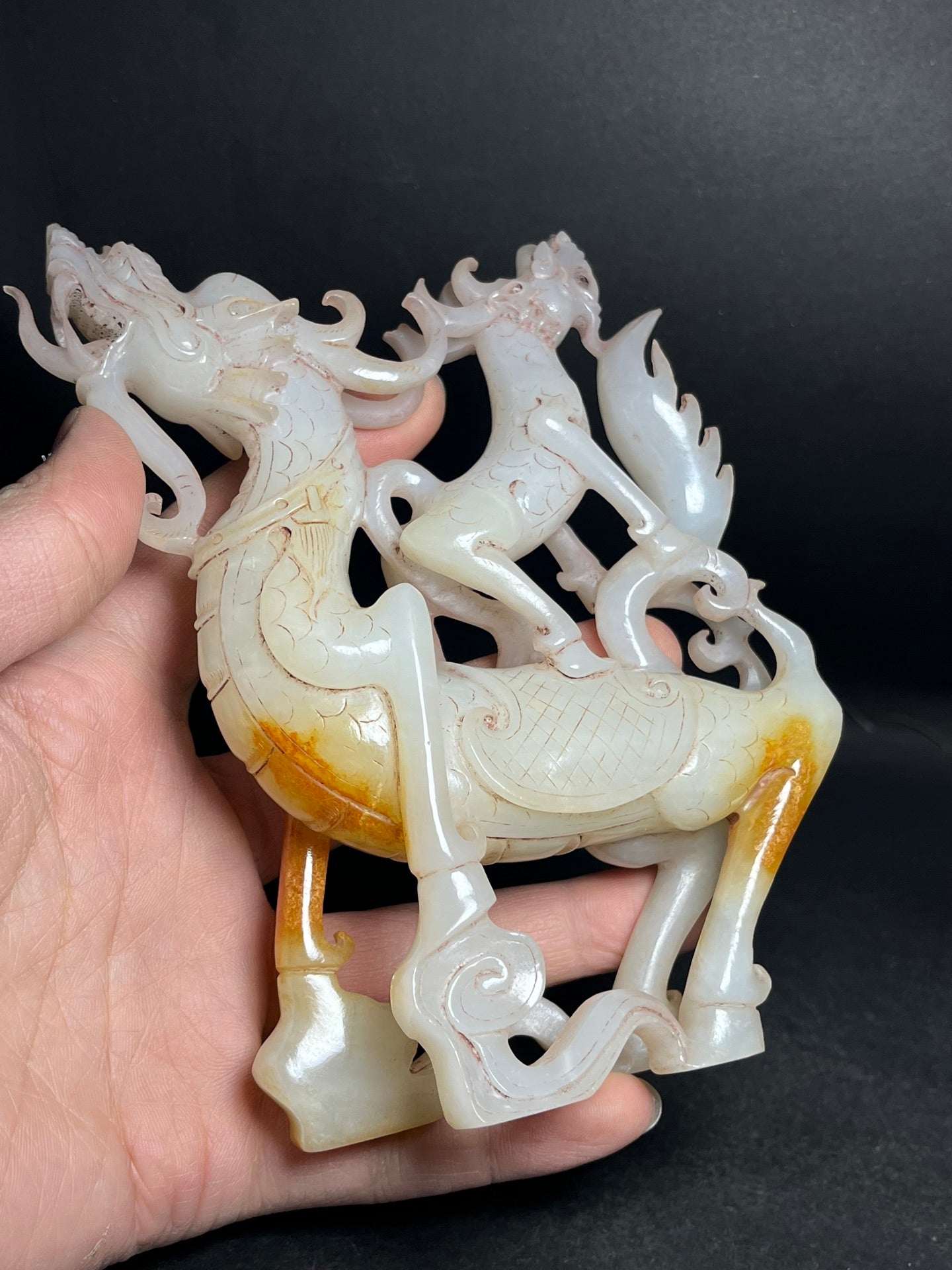 A1169 Superb Chinese Hetian Jade Carved Dragon Horse Statue