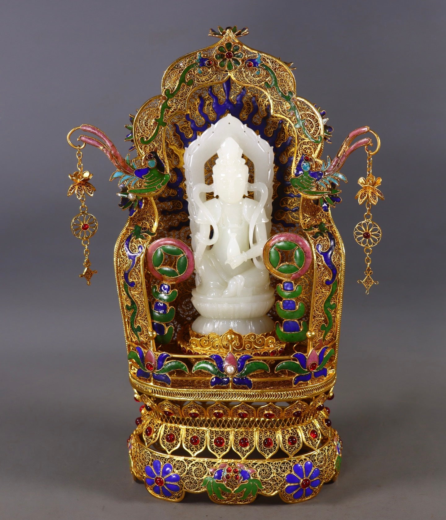 A1186 Exquisite Chinese Hetian Jade Carved Kwan-yin Statue w Gold Wires Enamel Base