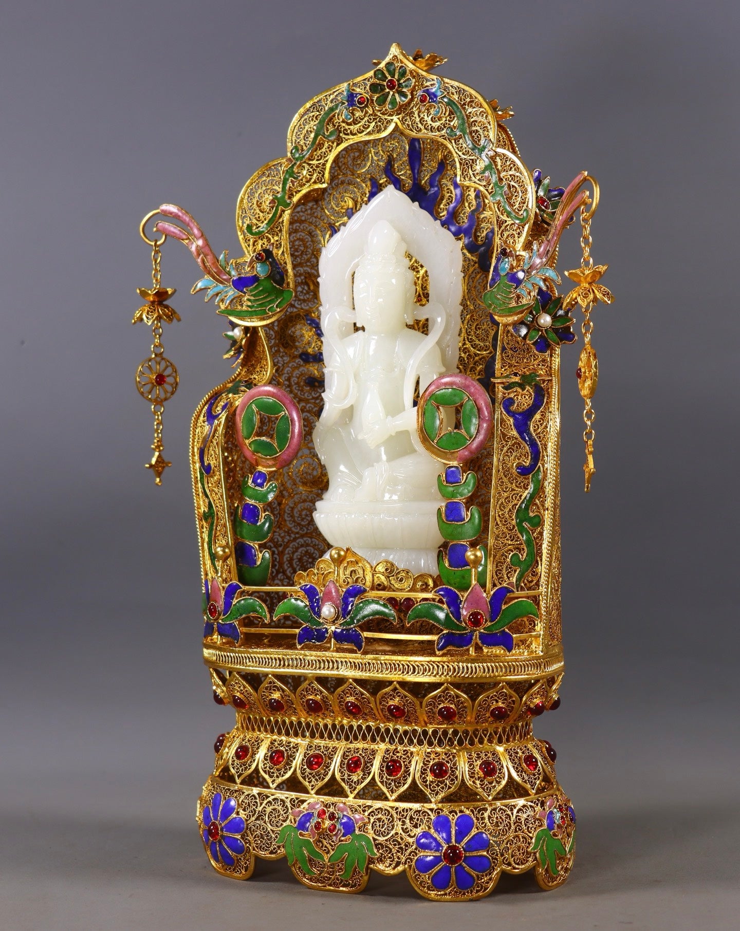 A1186 Exquisite Chinese Hetian Jade Carved Kwan-yin Statue w Gold Wires Enamel Base