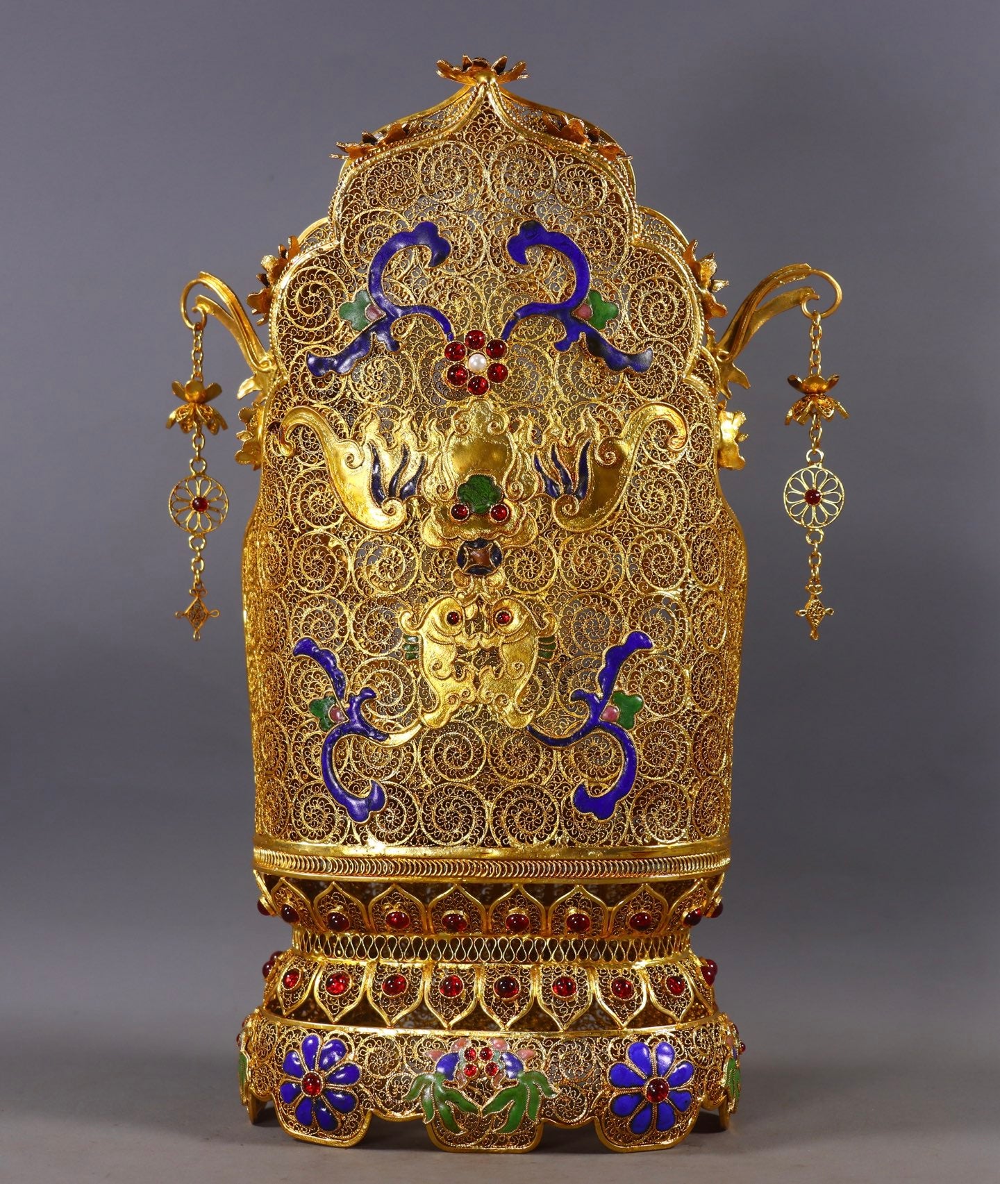 A1186 Exquisite Chinese Hetian Jade Carved Kwan-yin Statue w Gold Wires Enamel Base