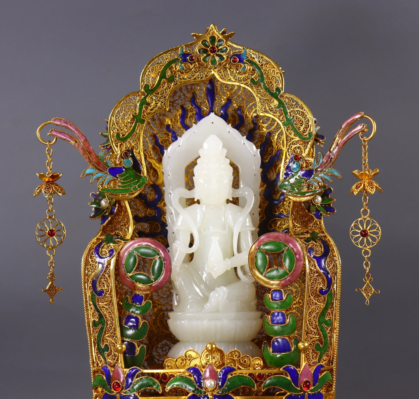 A1186 Exquisite Chinese Hetian Jade Carved Kwan-yin Statue w Gold Wires Enamel Base