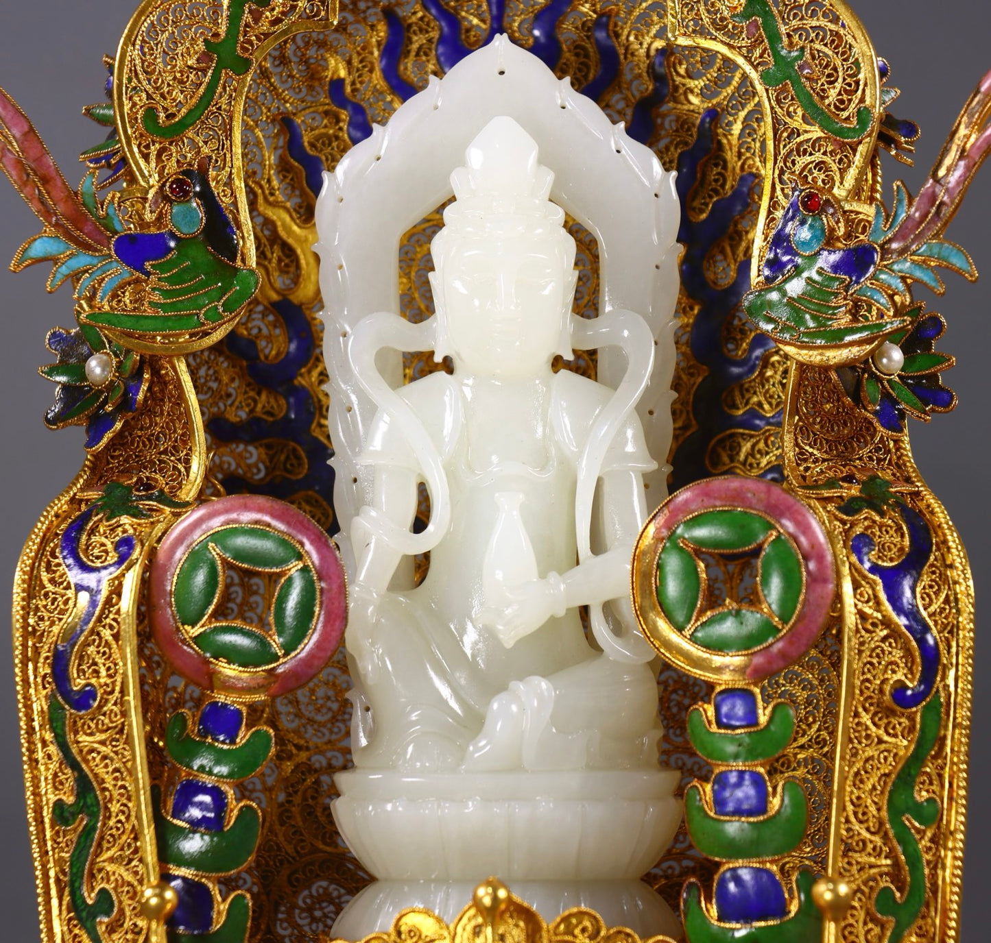 A1186 Exquisite Chinese Hetian Jade Carved Kwan-yin Statue w Gold Wires Enamel Base