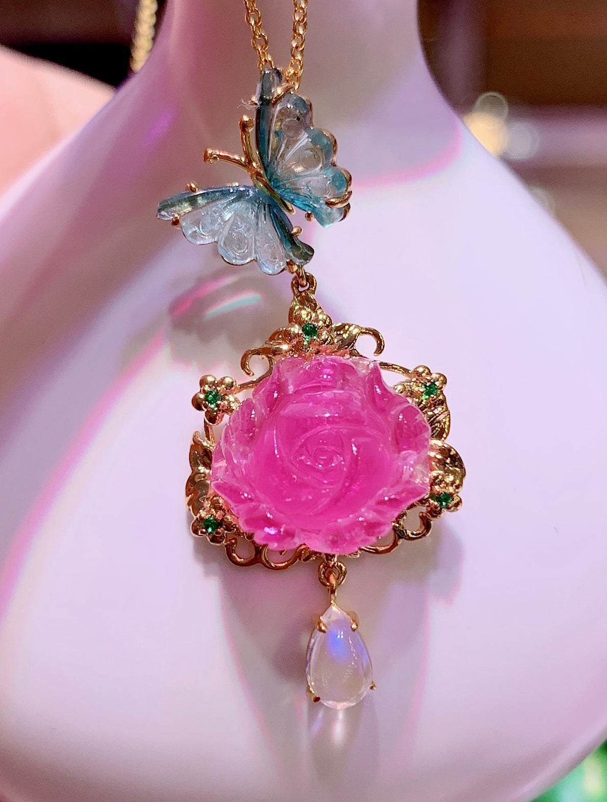 A1189 Exquisite 18K Gold Inlay Tourmaline Peony Pendant