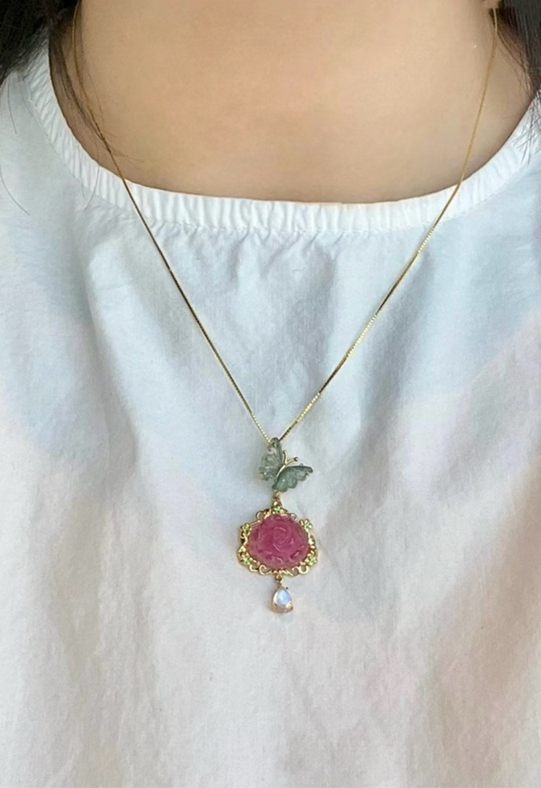 A1189 Exquisite 18K Gold Inlay Tourmaline Peony Pendant