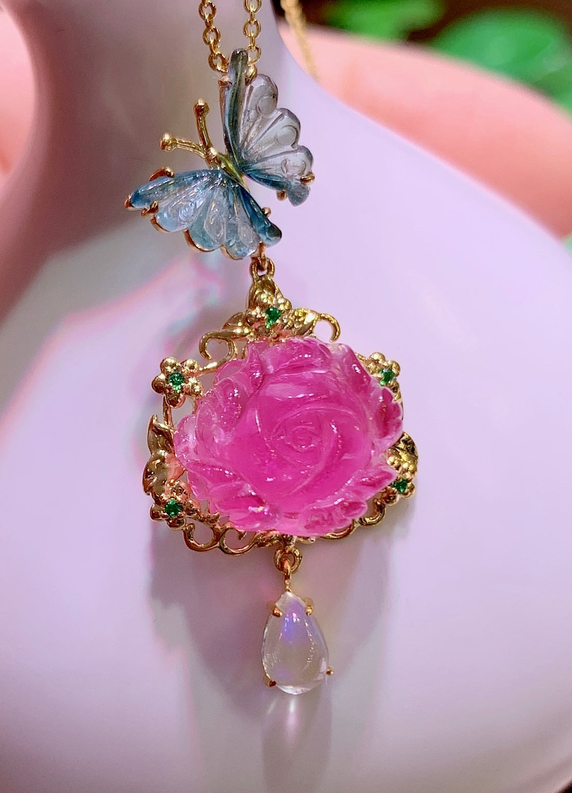A1189 Exquisite 18K Gold Inlay Tourmaline Peony Pendant