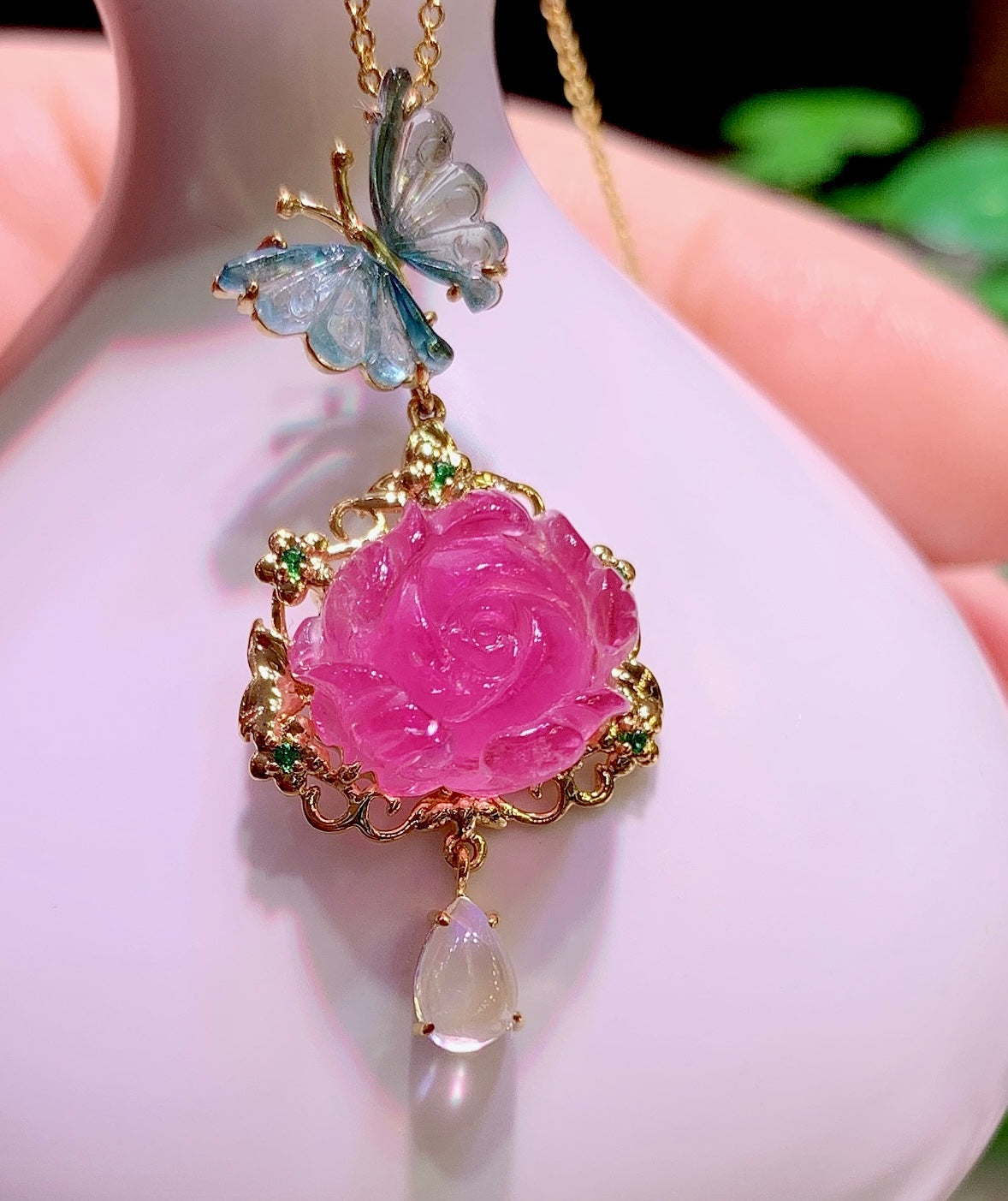 A1189 Exquisite 18K Gold Inlay Tourmaline Peony Pendant