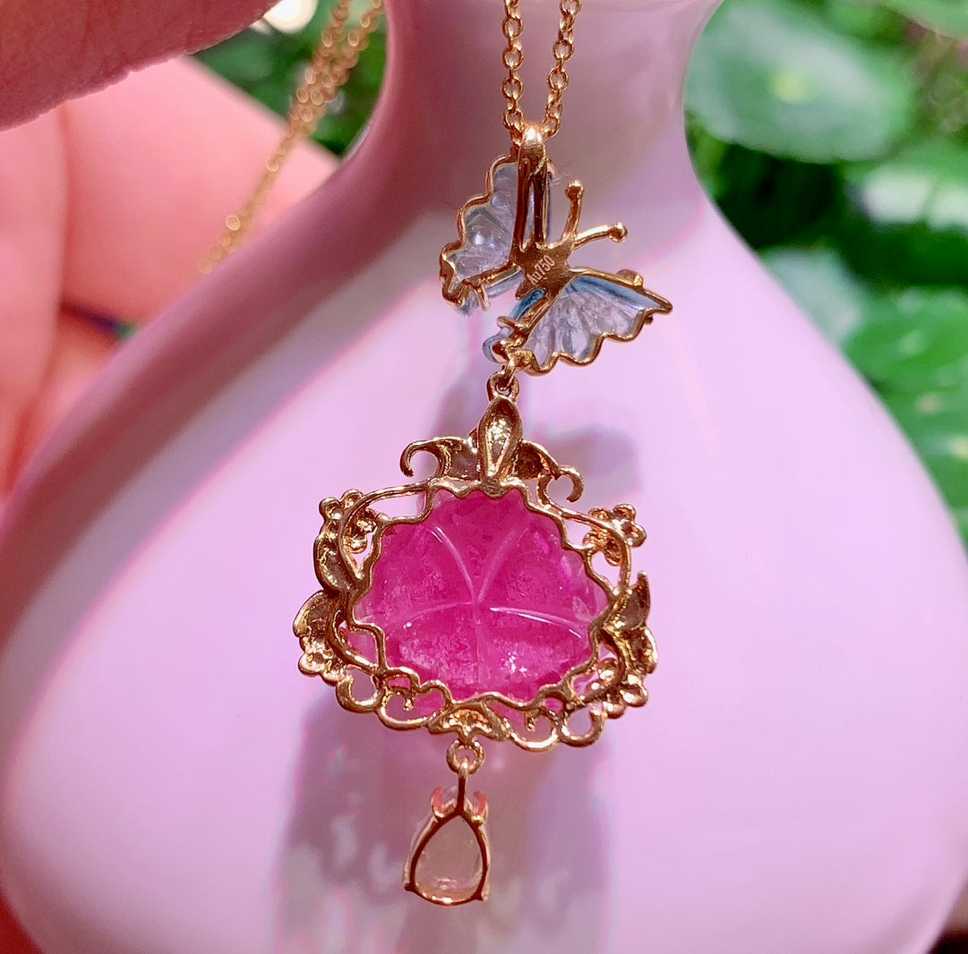 A1189 Exquisite 18K Gold Inlay Tourmaline Peony Pendant