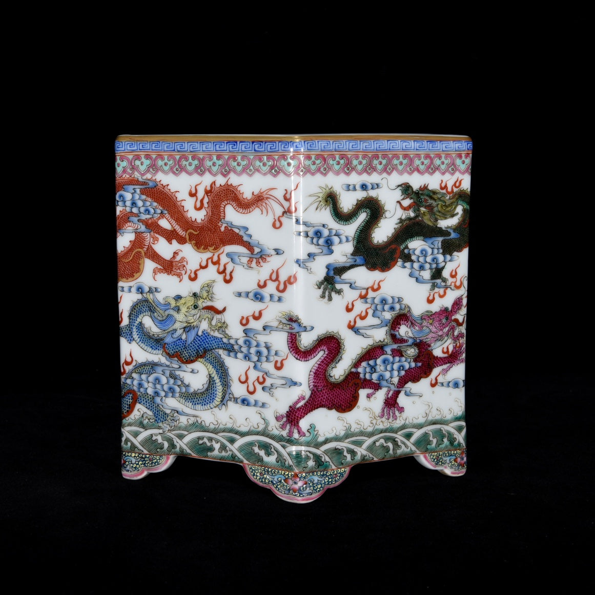 A1190 Chinese Qing Dynasty Gilt Edge Famille Rose Clouds Dragon Design Porcelain Brush Pot