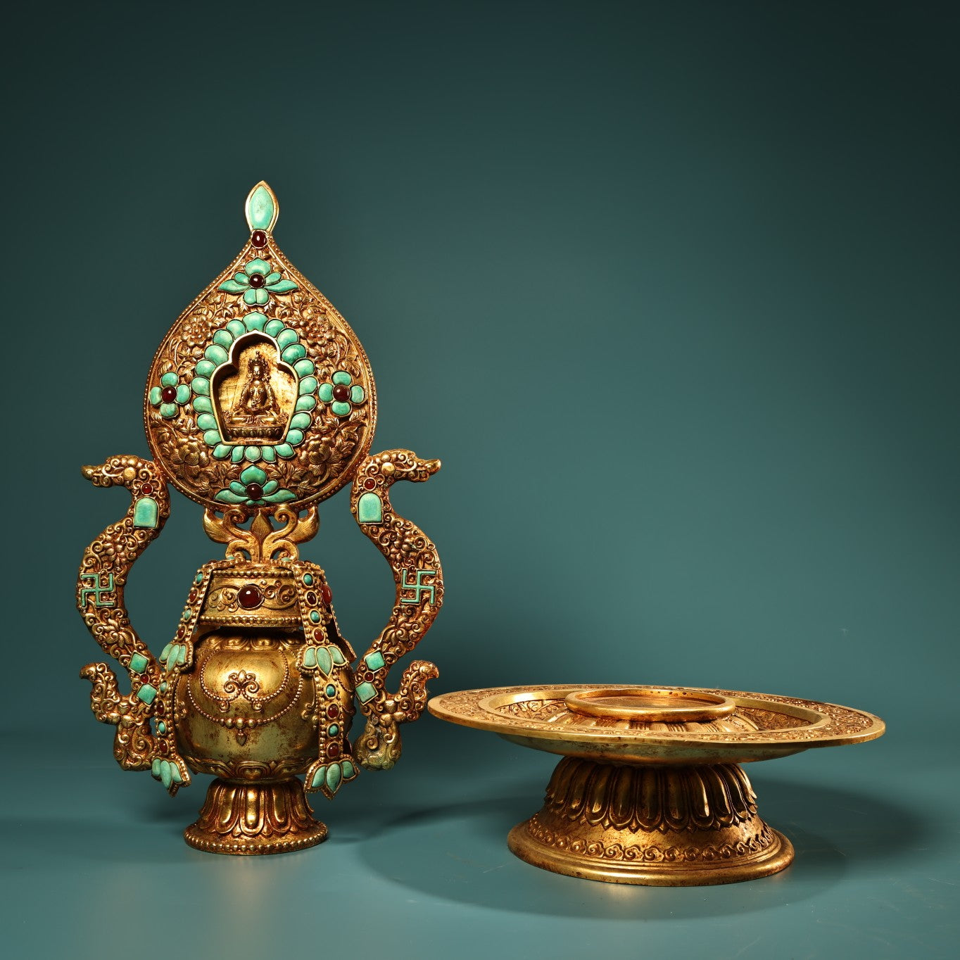 A1192 Tibetan Buddhism Gilt Gold Copper Inlay Turquoise Shrines Statue