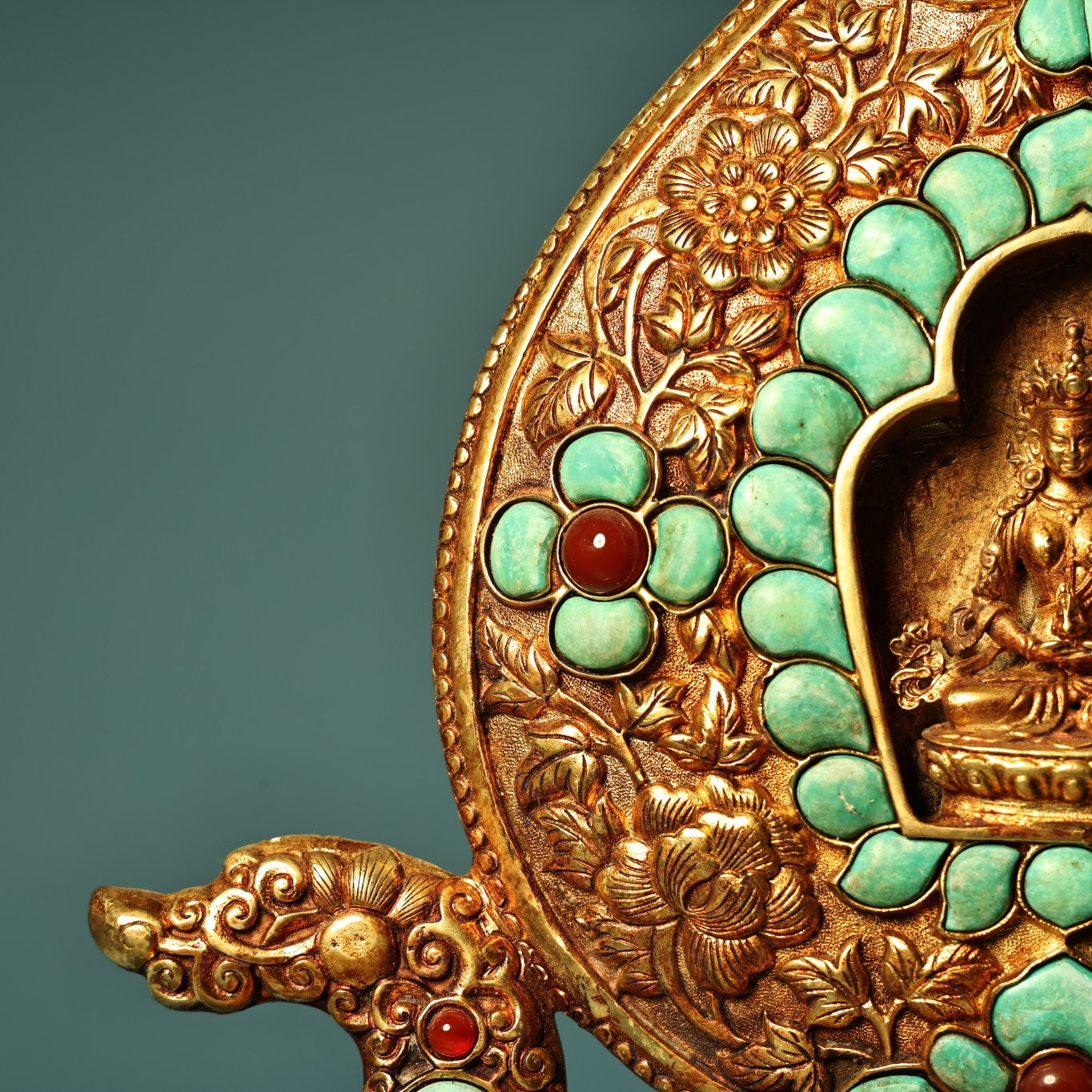A1192 Tibetan Buddhism Gilt Gold Copper Inlay Turquoise Shrines Statue