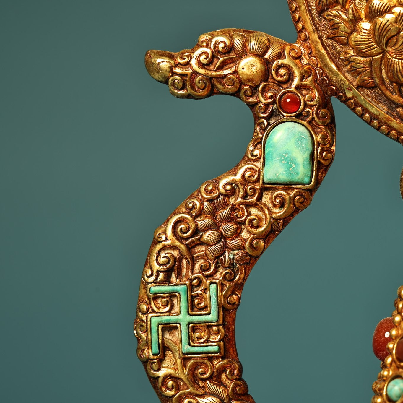 A1192 Tibetan Buddhism Gilt Gold Copper Inlay Turquoise Shrines Statue