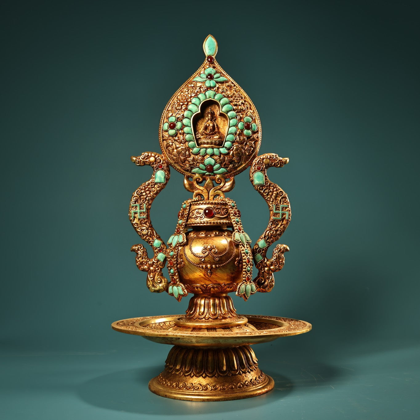 A1192 Tibetan Buddhism Gilt Gold Copper Inlay Turquoise Shrines Statue