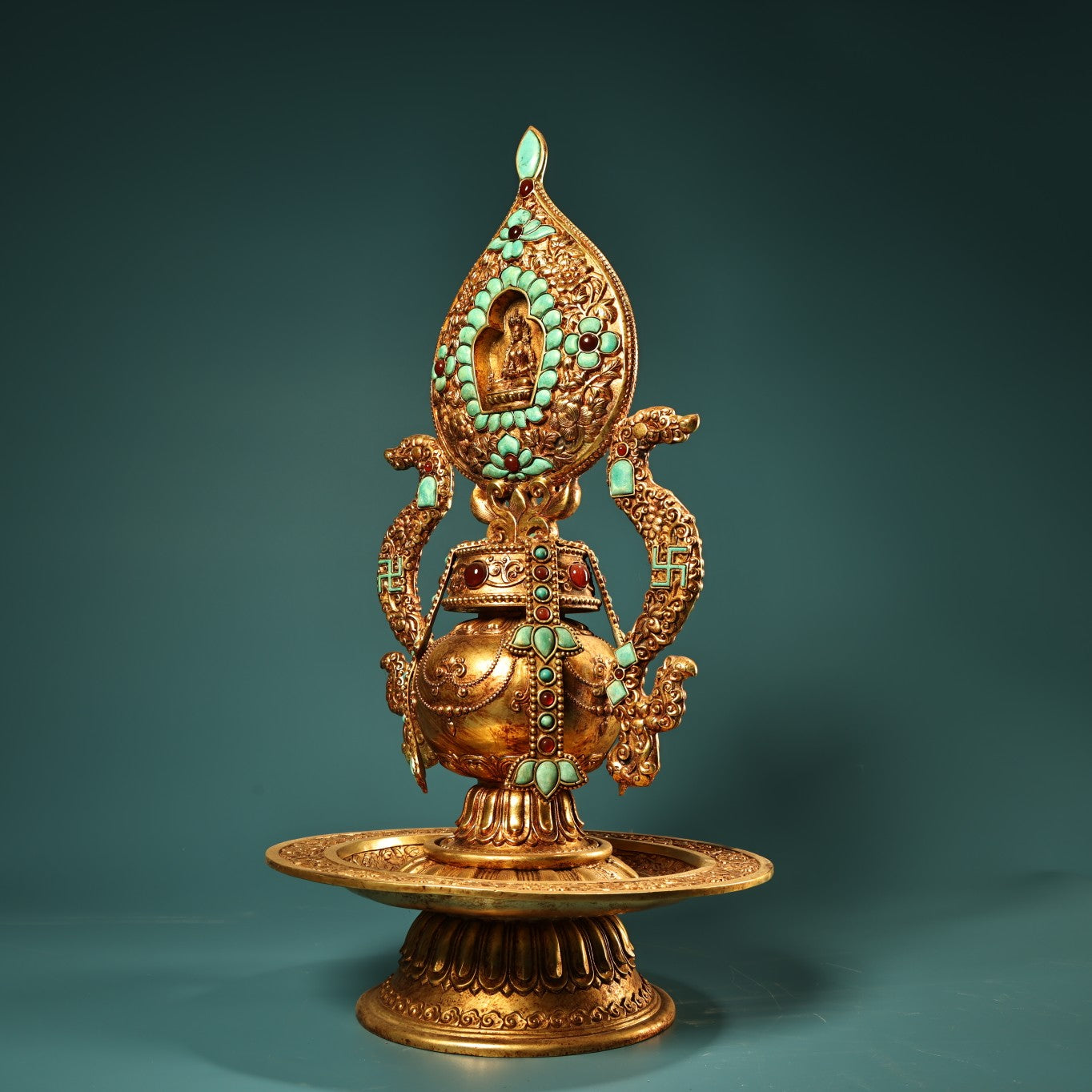 A1192 Tibetan Buddhism Gilt Gold Copper Inlay Turquoise Shrines Statue