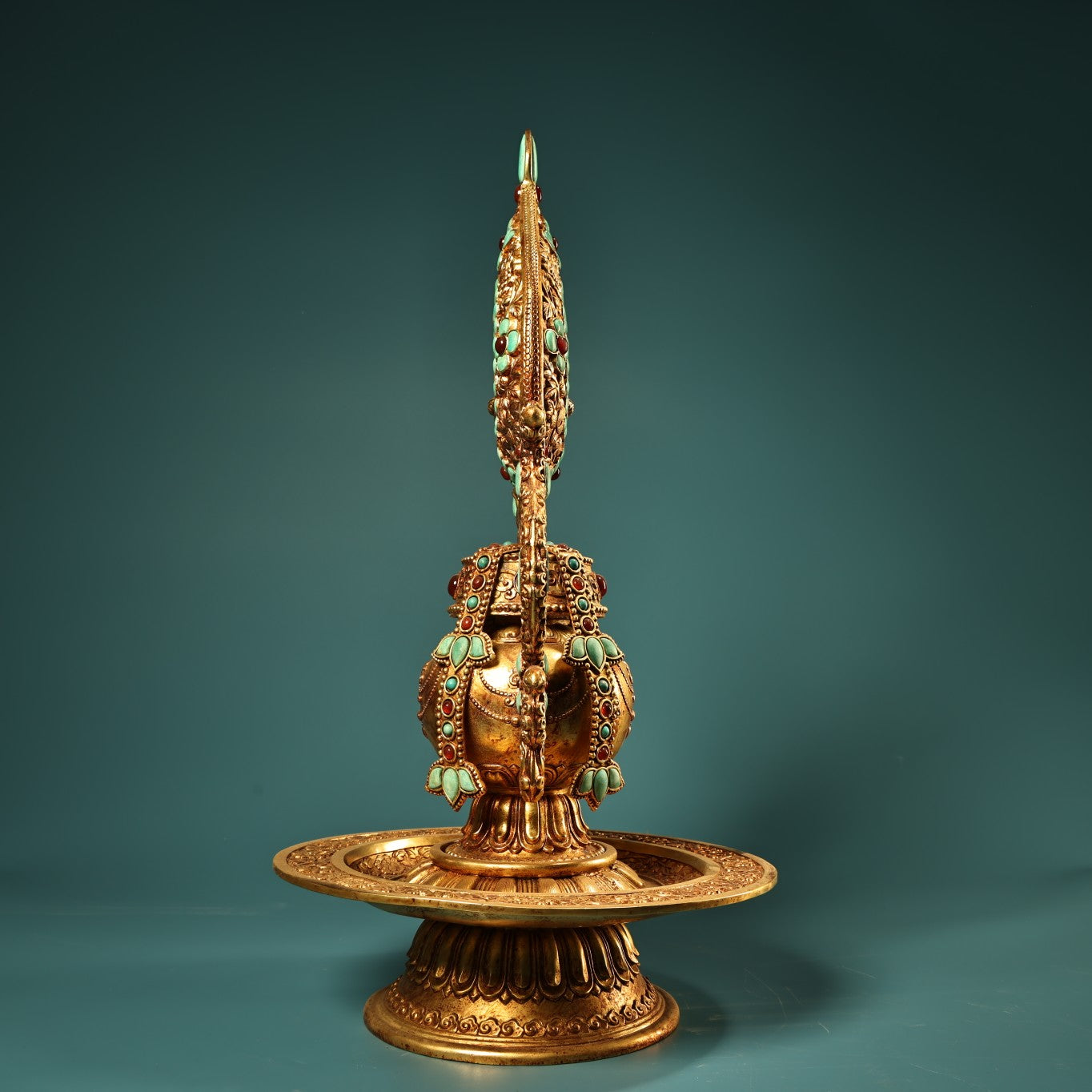 A1192 Tibetan Buddhism Gilt Gold Copper Inlay Turquoise Shrines Statue