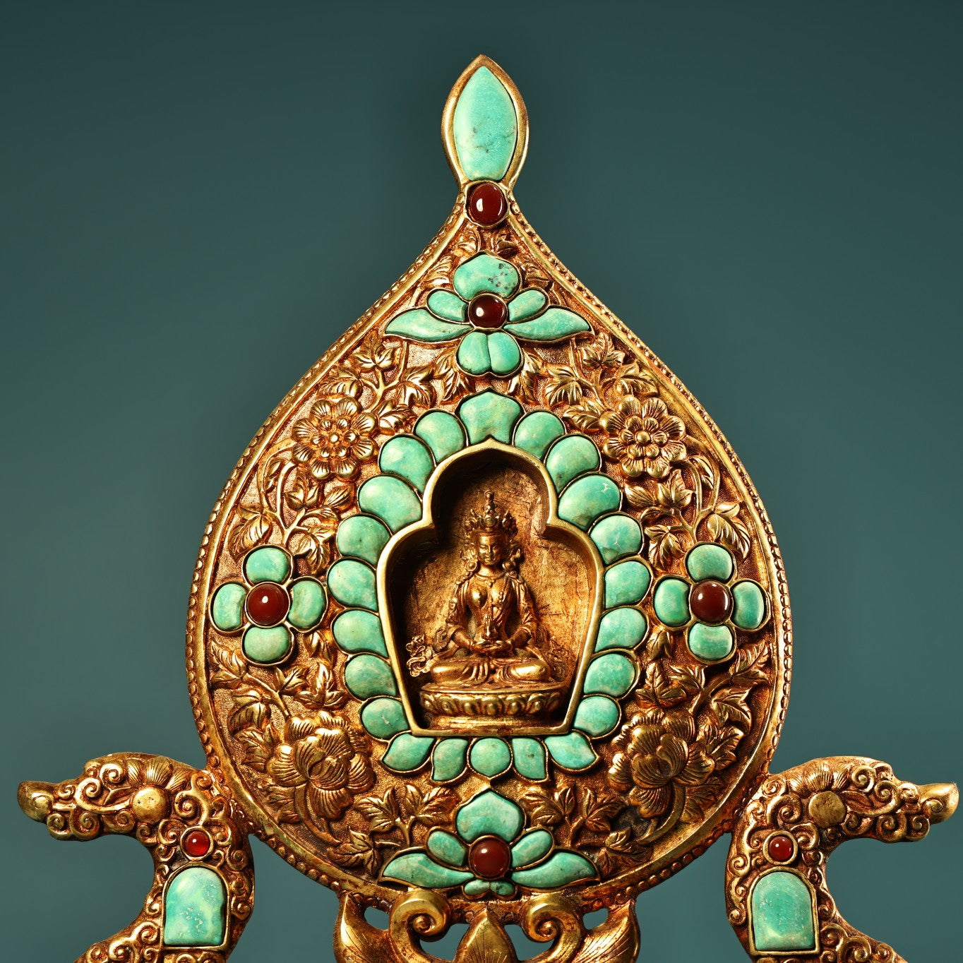 A1192 Tibetan Buddhism Gilt Gold Copper Inlay Turquoise Shrines Statue