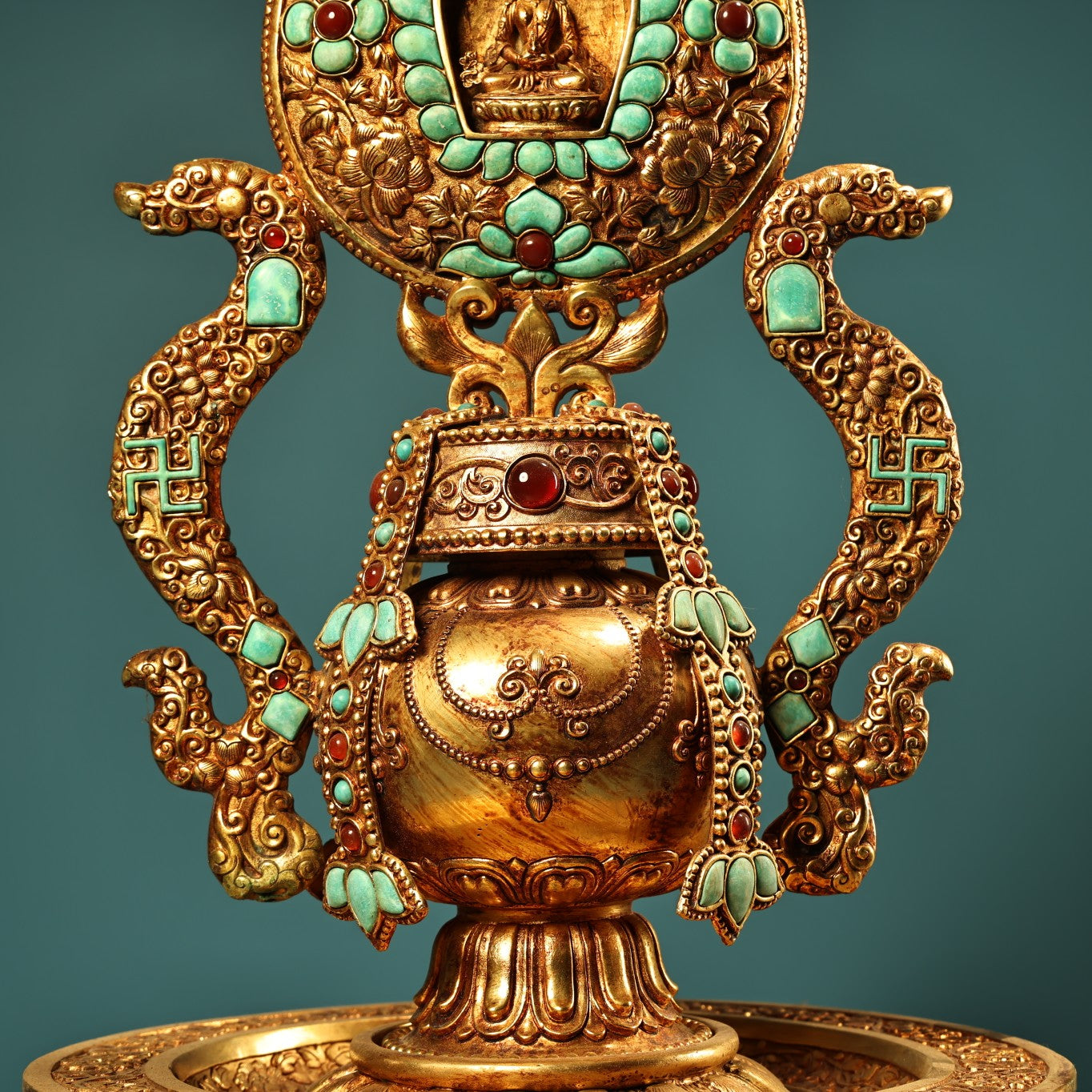 A1192 Tibetan Buddhism Gilt Gold Copper Inlay Turquoise Shrines Statue
