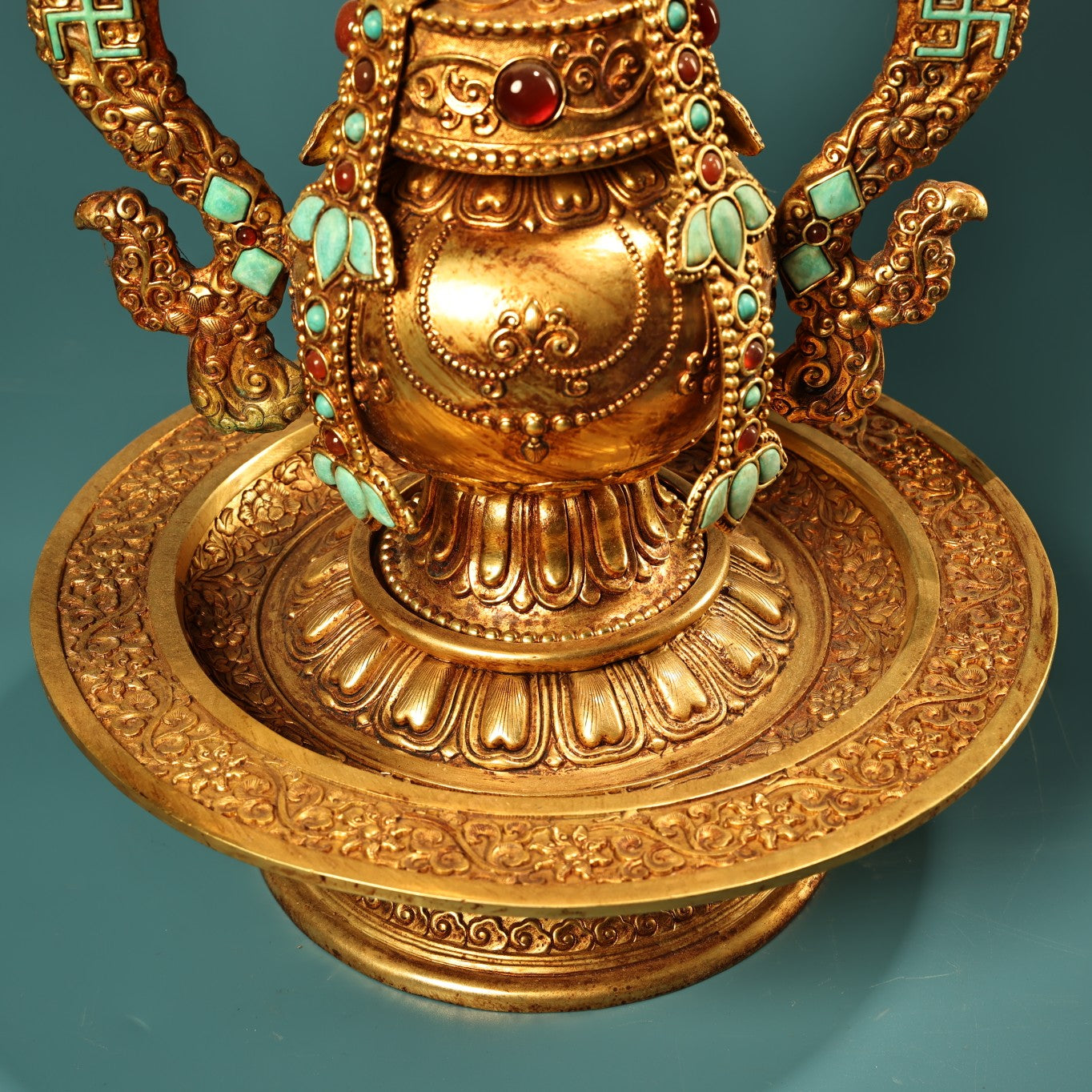 A1192 Tibetan Buddhism Gilt Gold Copper Inlay Turquoise Shrines Statue
