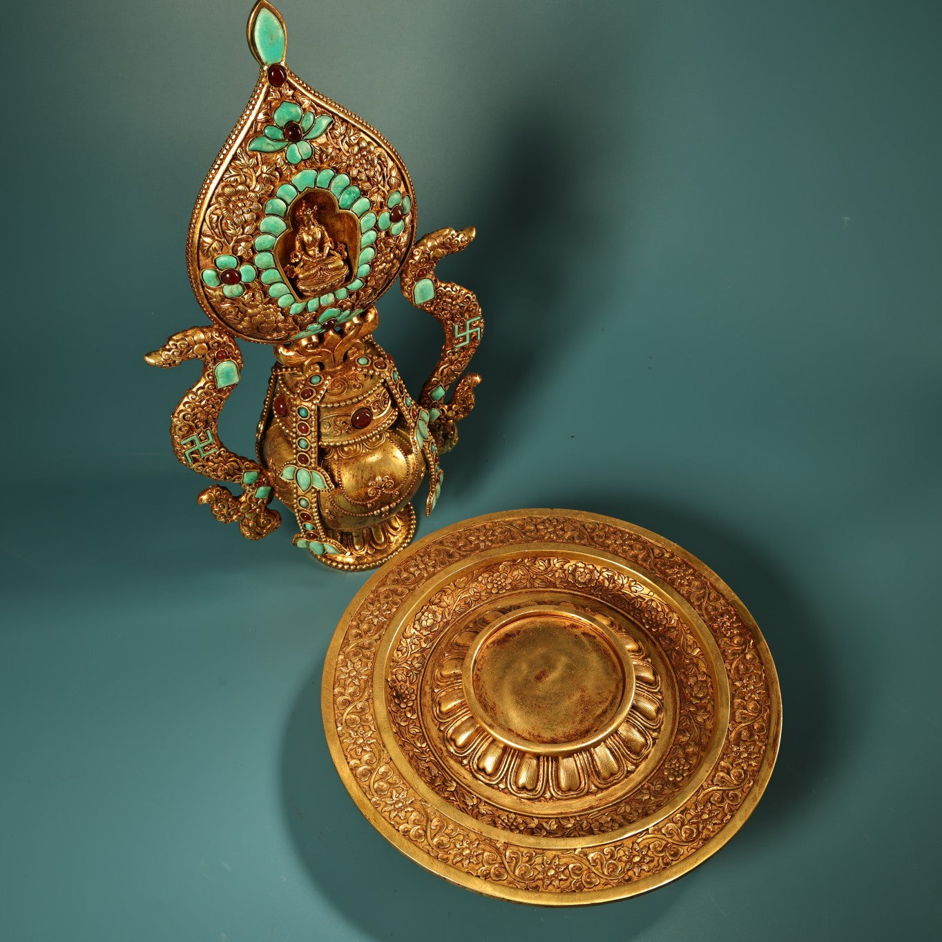 A1192 Tibetan Buddhism Gilt Gold Copper Inlay Turquoise Shrines Statue