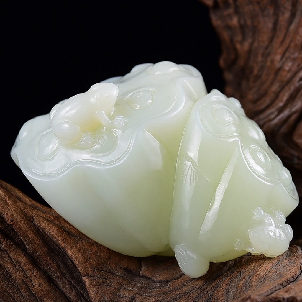 A1193 Superb Chinese White Hetian Jade Carved Lotus Pod & Frog Statue
