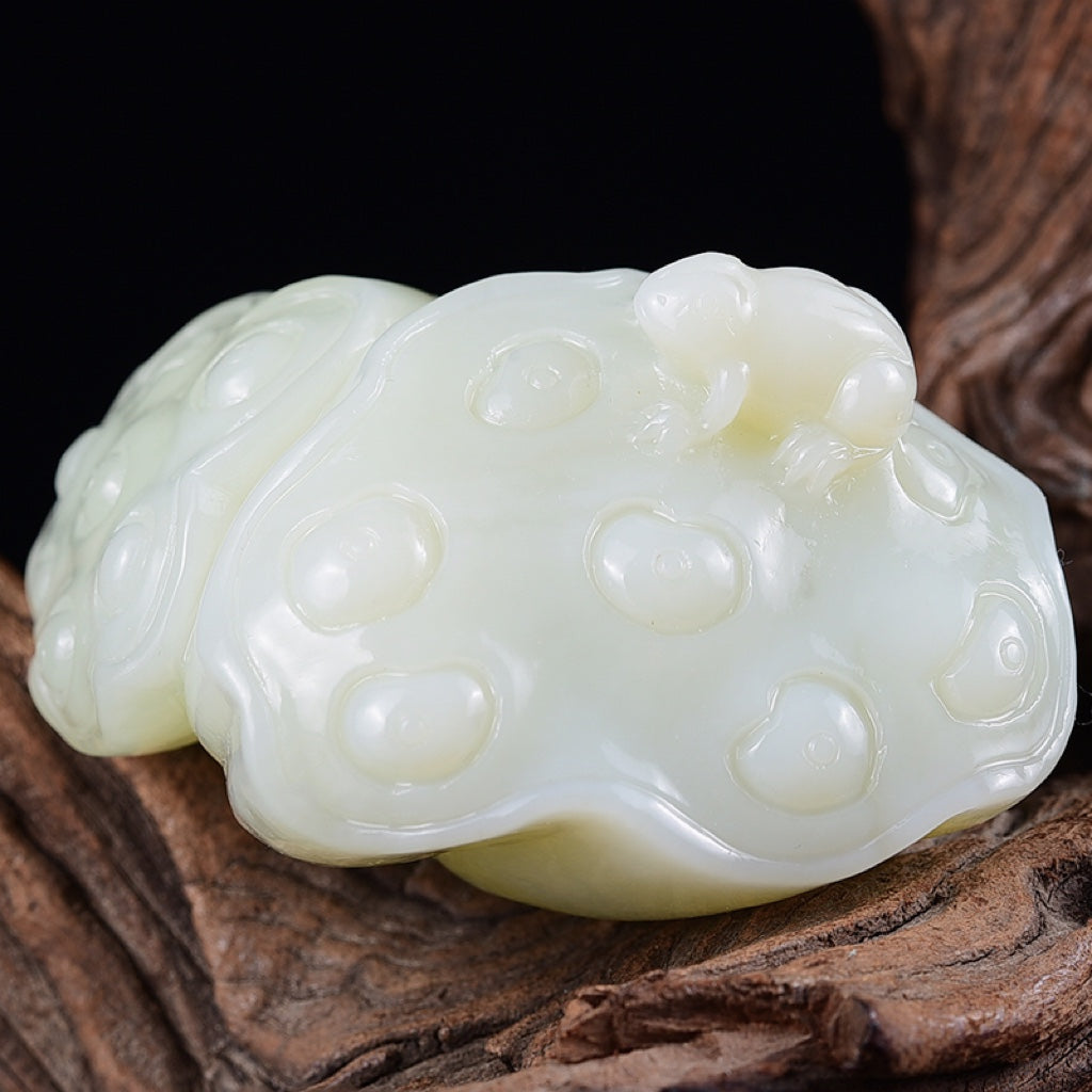 A1193 Superb Chinese White Hetian Jade Carved Lotus Pod & Frog Statue