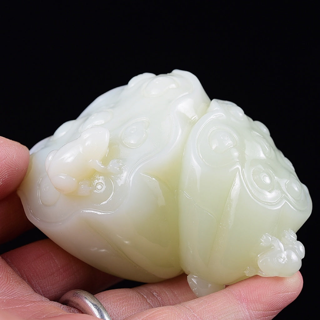 A1193 Superb Chinese White Hetian Jade Carved Lotus Pod & Frog Statue