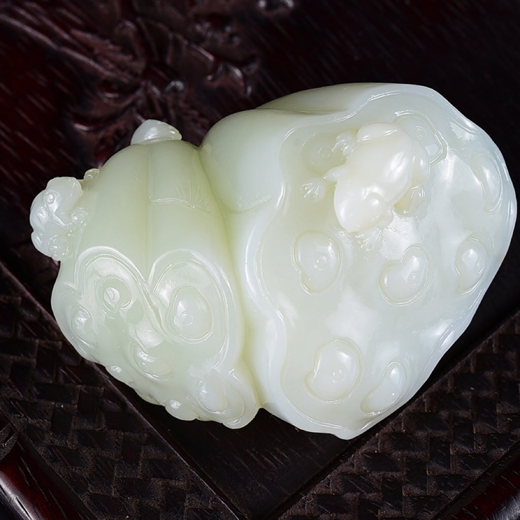 A1193 Superb Chinese White Hetian Jade Carved Lotus Pod & Frog Statue