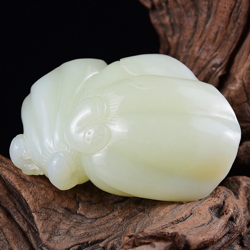 A1193 Superb Chinese White Hetian Jade Carved Lotus Pod & Frog Statue