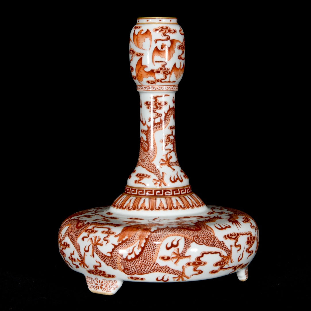 A1196 Chinese Qing Dynasty Gilt Edge Iron Red Glaze Fortune Dragon Design Porcelain Vase